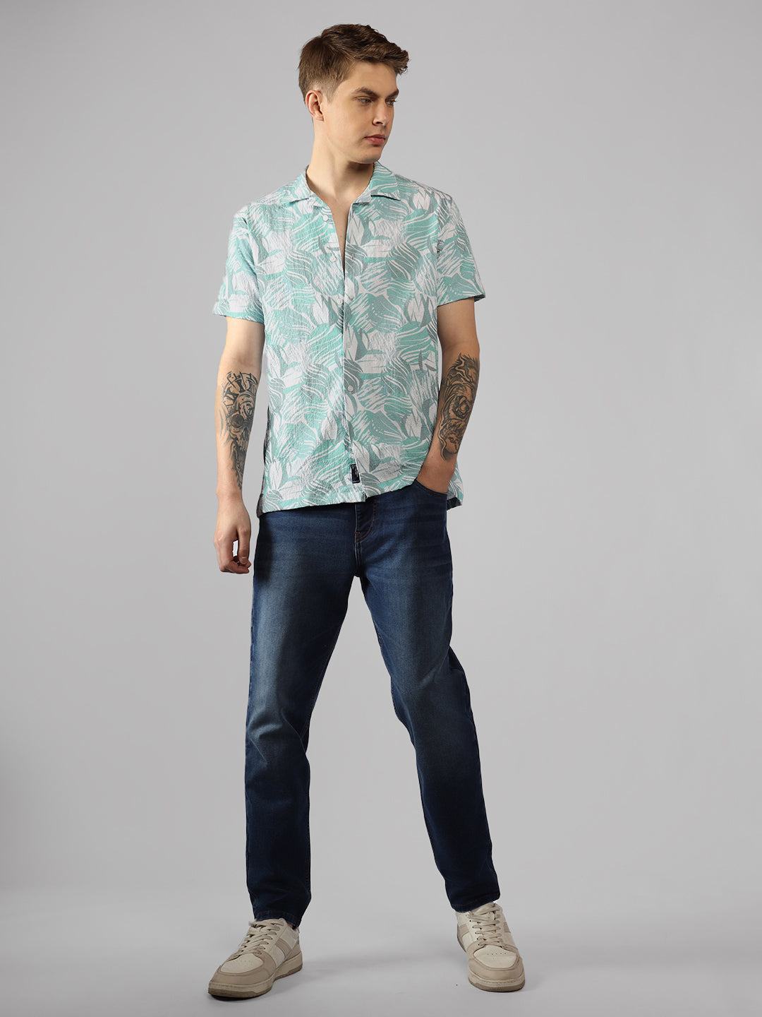 Men's Blue Printed Cuban Collar Half Sleeve Relaxed Fit Shirt