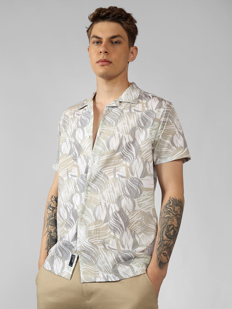 Men's Khaki Printed Cuban Collar Half Sleeve Relaxed Fit Shirt