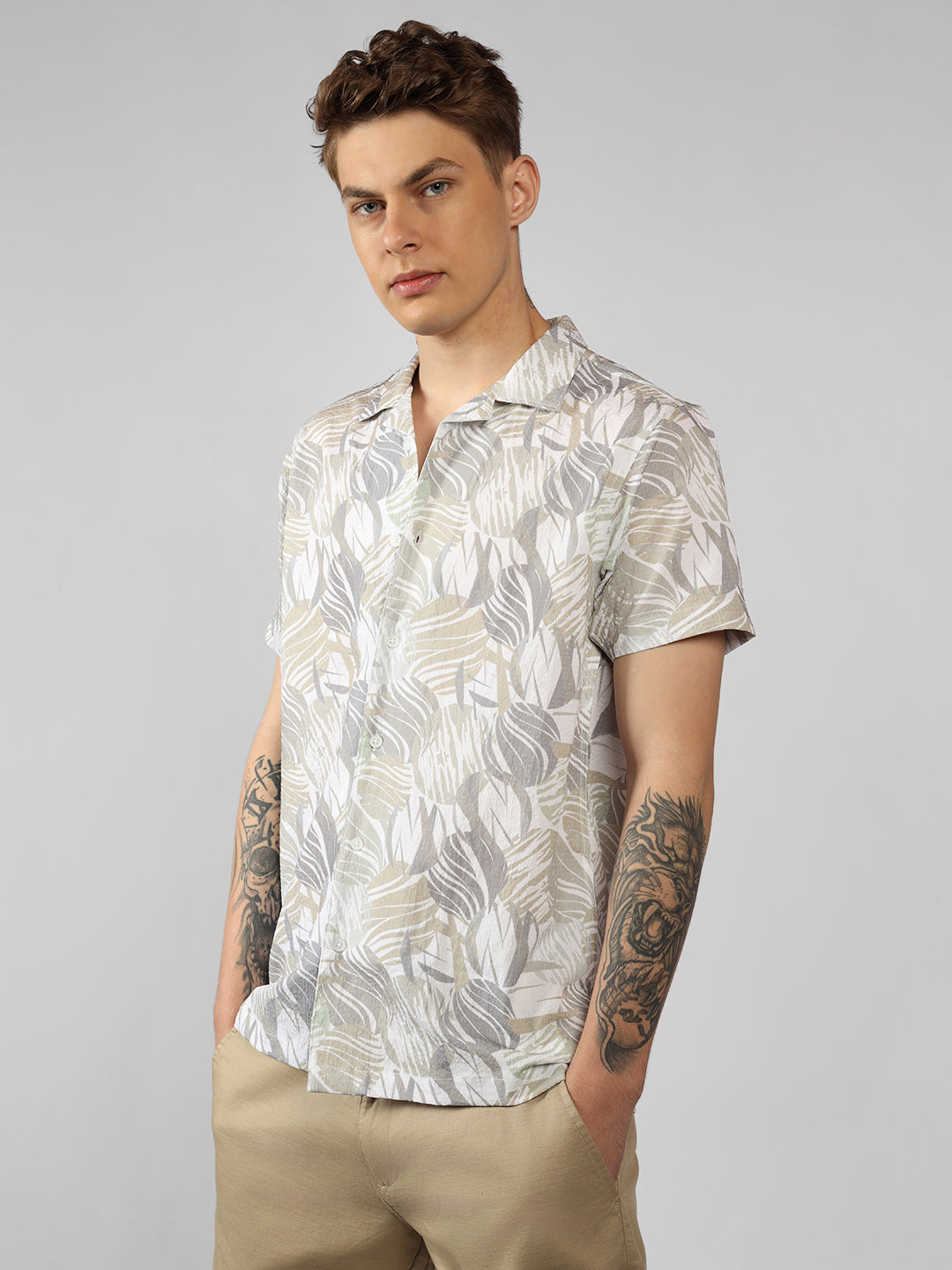 Men's Khaki Printed Cuban Collar Half Sleeve Relaxed Fit Shirt