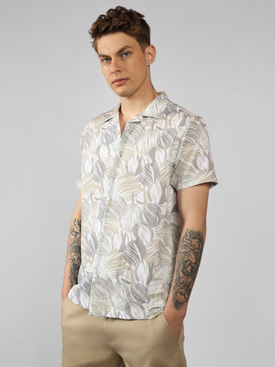 Men's Khaki Printed Cuban Collar Half Sleeve Relaxed Fit Shirt