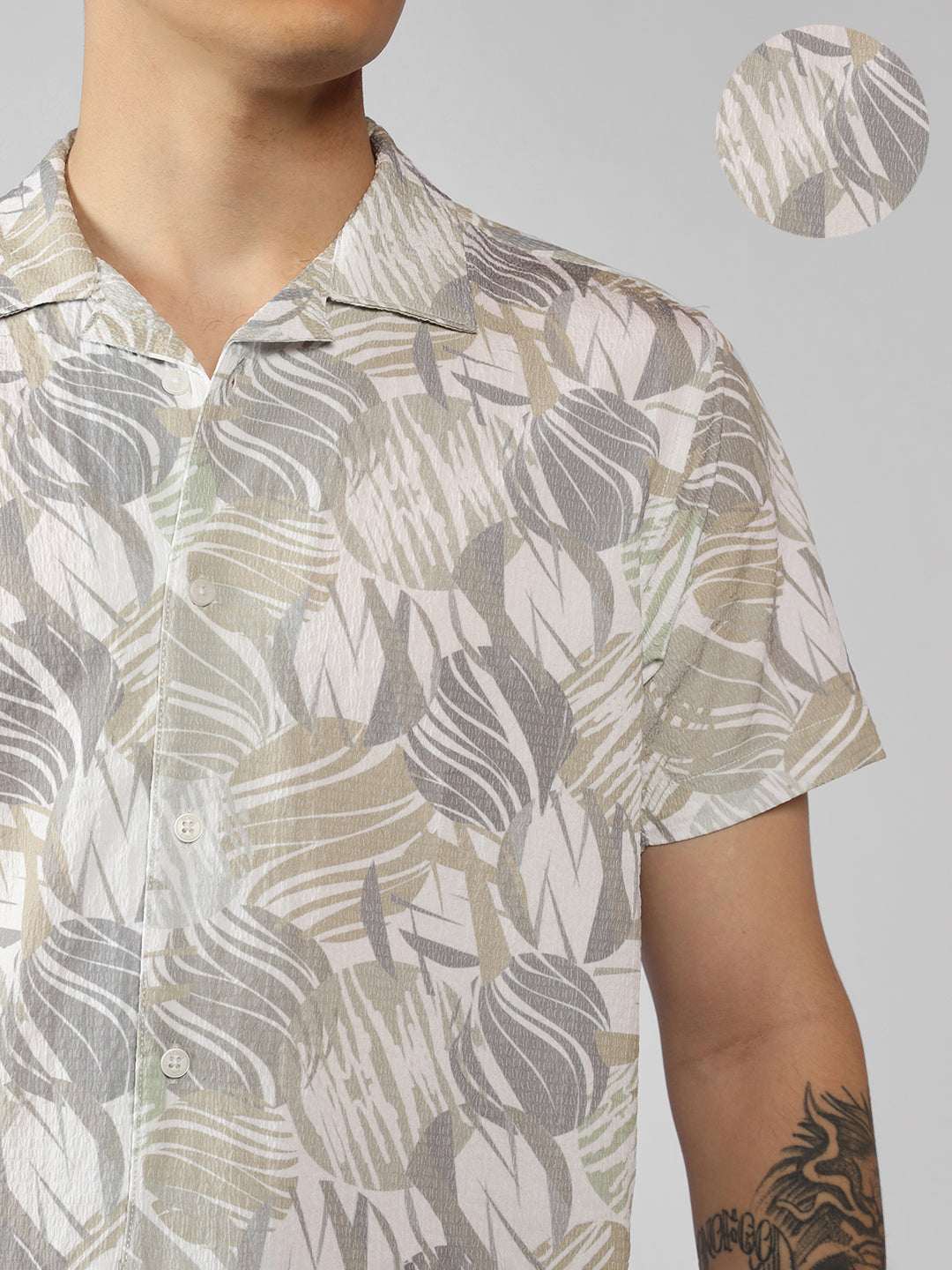 Men's Khaki Printed Cuban Collar Half Sleeve Relaxed Fit Shirt