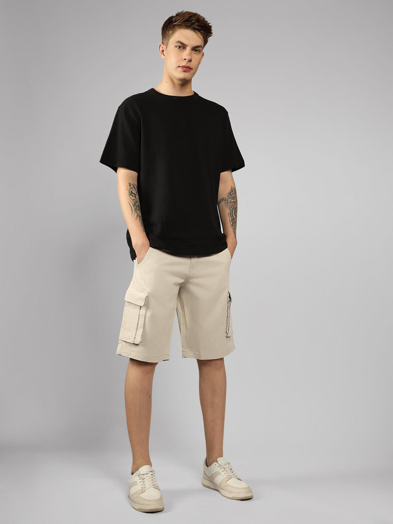 Men's Beige Solid Relaxed Fit Shorts