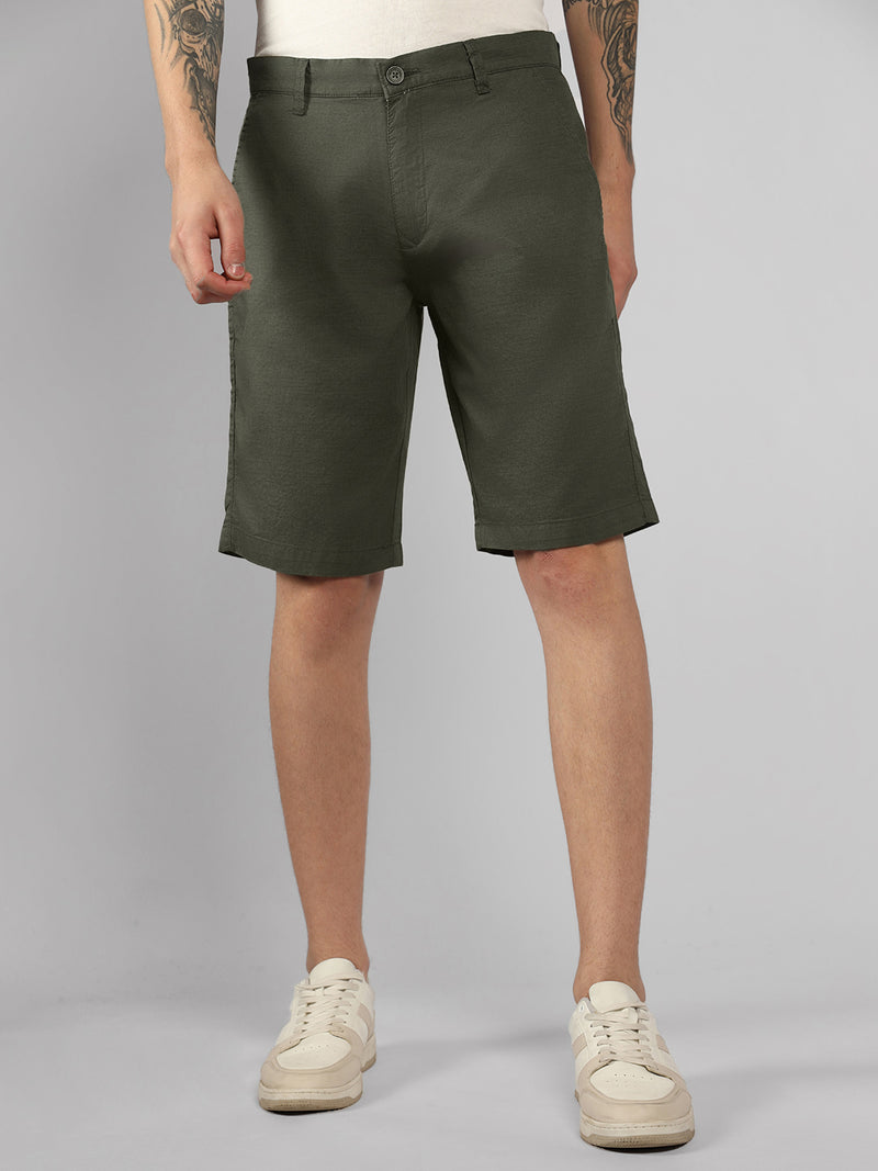 Men's Olive Solid Regular Fit Shorts