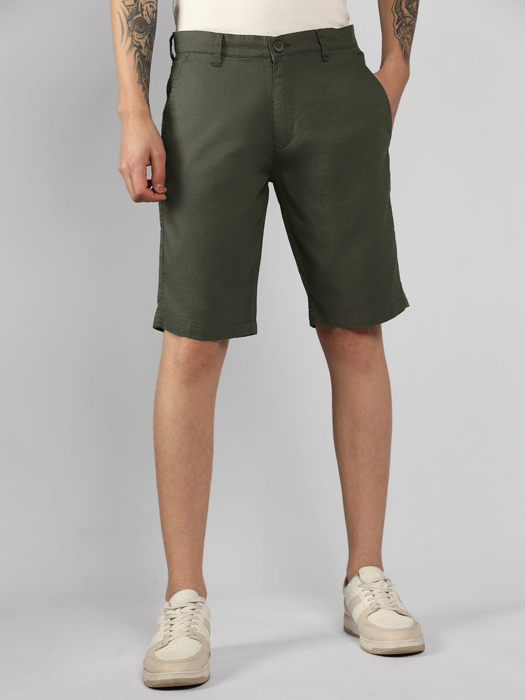 Men's Olive Solid Regular Fit Shorts