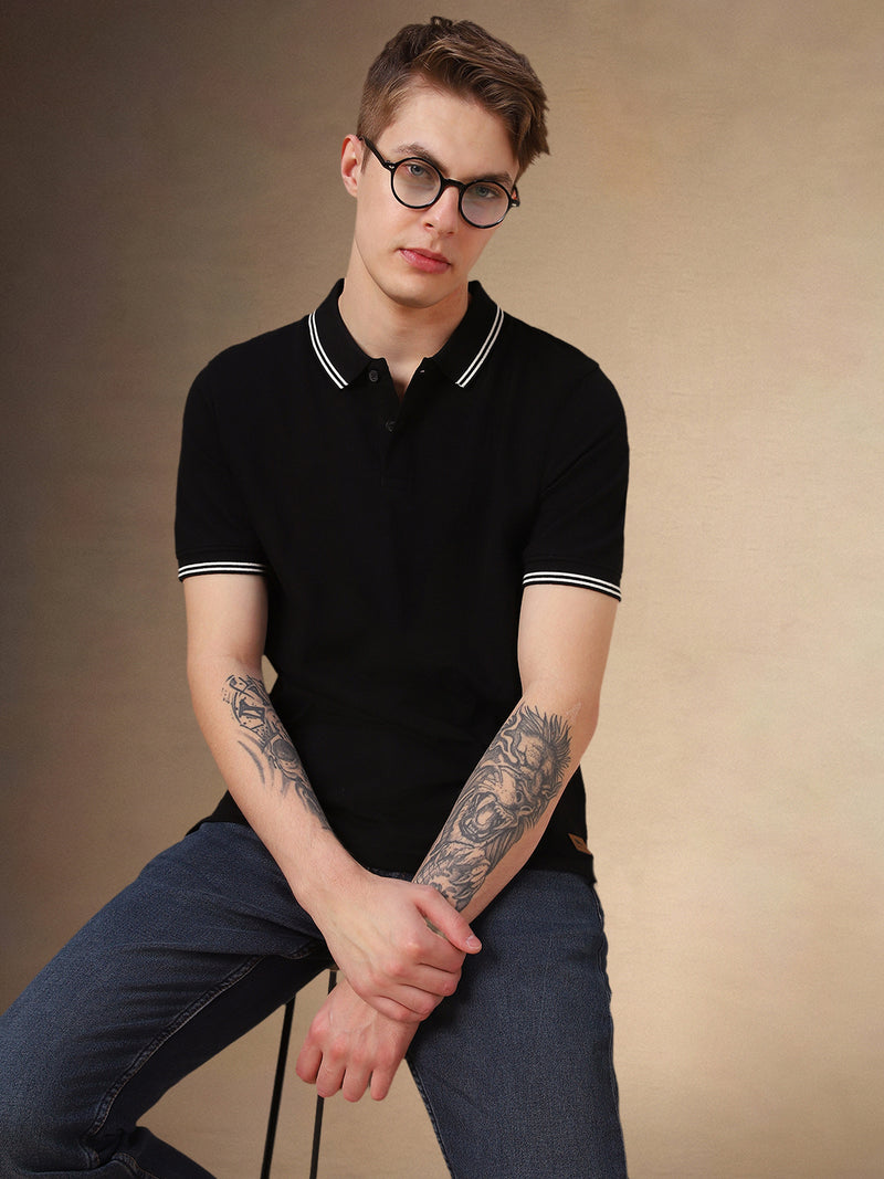 Men's Black Solid Polo Collar Half Sleeves T-shirt