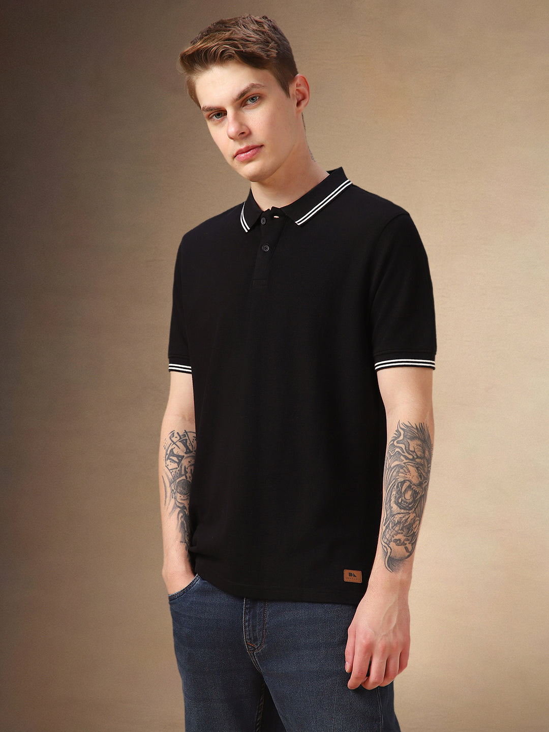 Men's Black Solid Polo Collar Half Sleeves T-shirt