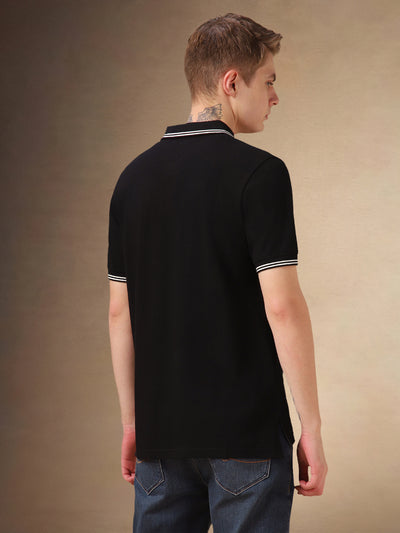 Men's Black Solid Polo Collar Half Sleeves T-shirt