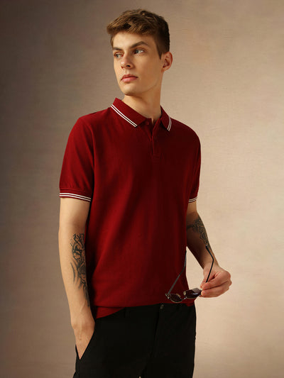 Men's Maroon Solid Polo Collar Half Sleeves T-shirt