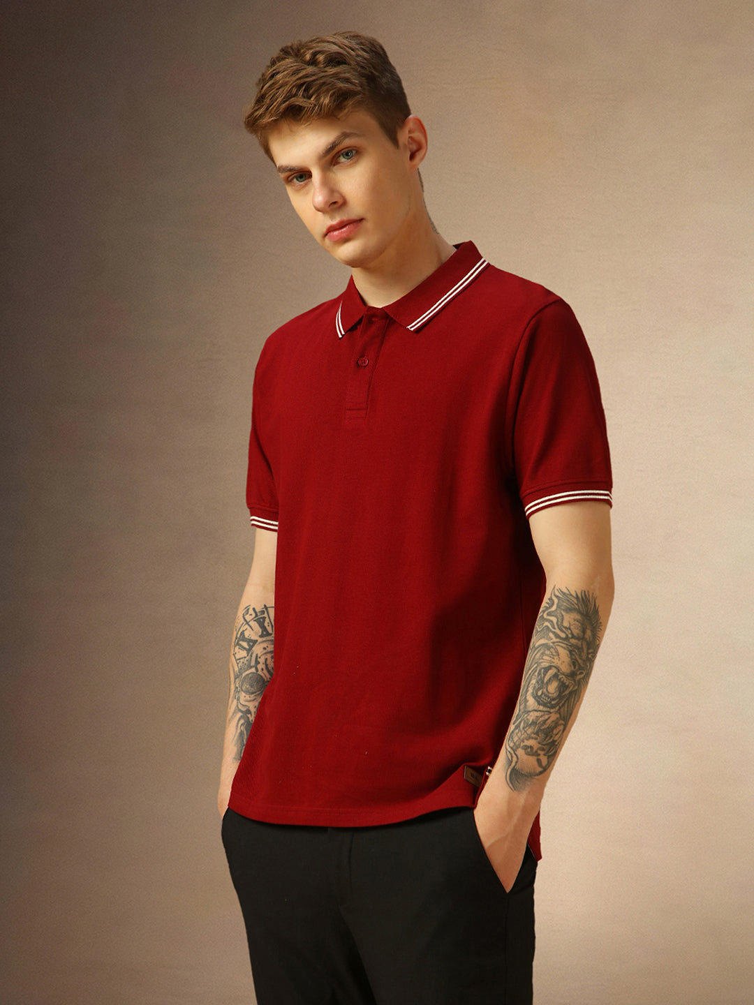 Men's Maroon Solid Polo Collar Half Sleeves T-shirt