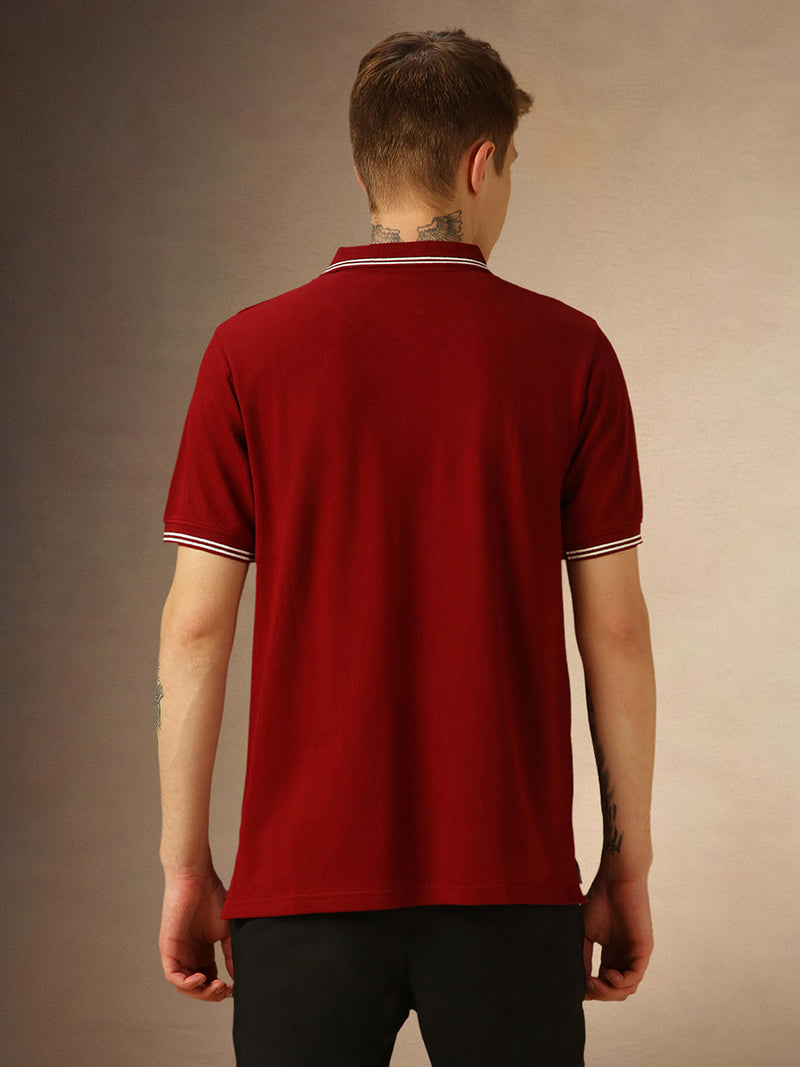 Men's Maroon Solid Polo Collar Half Sleeves T-shirt