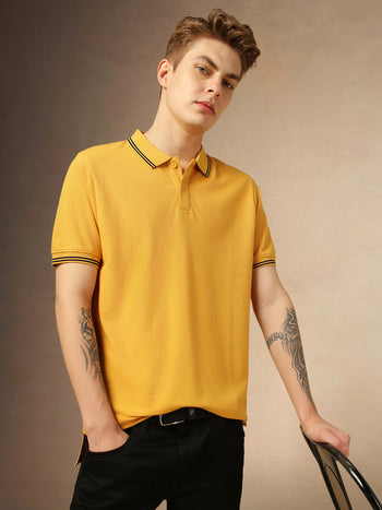 Men's Mustard Solid Polo Collar Half Sleeves T-shirt