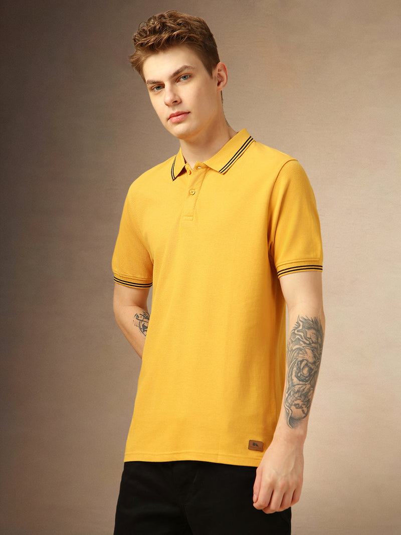 Men's Mustard Solid Polo Collar Half Sleeves T-shirt