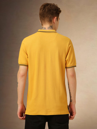 Men's Mustard Solid Polo Collar Half Sleeves T-shirt