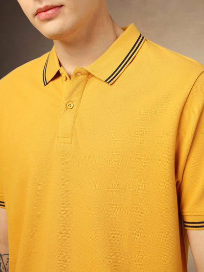 Men's Mustard Solid Polo Collar Half Sleeves T-shirt