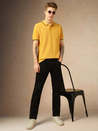 Men's Mustard Solid Polo Collar Half Sleeves T-shirt