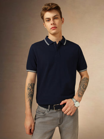 Men's Navy Solid Polo Collar Half Sleeves T-shirt