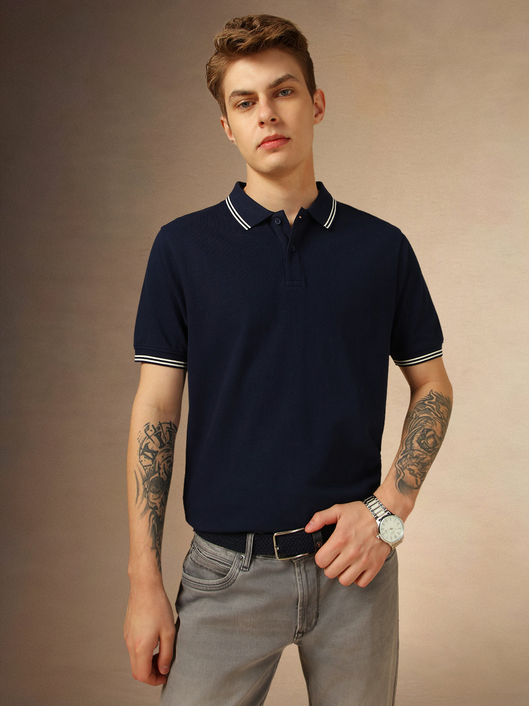 Men's Navy Solid Polo Collar Half Sleeves T-shirt