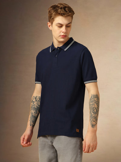 Men's Navy Solid Polo Collar Half Sleeves T-shirt