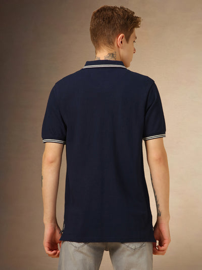 Men's Navy Solid Polo Collar Half Sleeves T-shirt