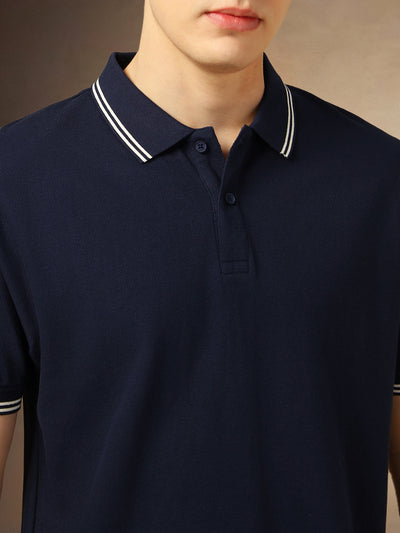 Men's Navy Solid Polo Collar Half Sleeves T-shirt