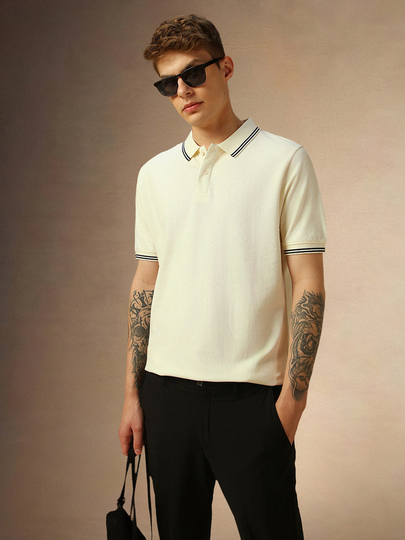 Men's White Solid Polo Collar Half Sleeves T-shirt