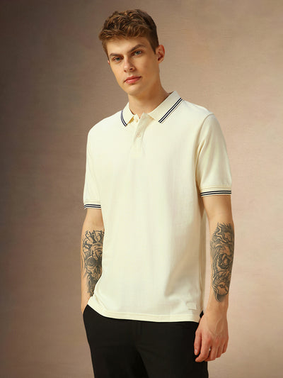 Men's White Solid Polo Collar Half Sleeves T-shirt