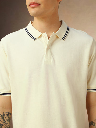 Men's White Solid Polo Collar Half Sleeves T-shirt