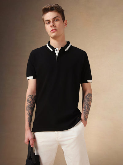 Men's Black Solid Polo Collar Half Sleeves T-shirt