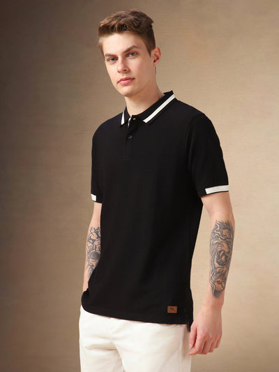 Men's Black Solid Polo Collar Half Sleeves T-shirt