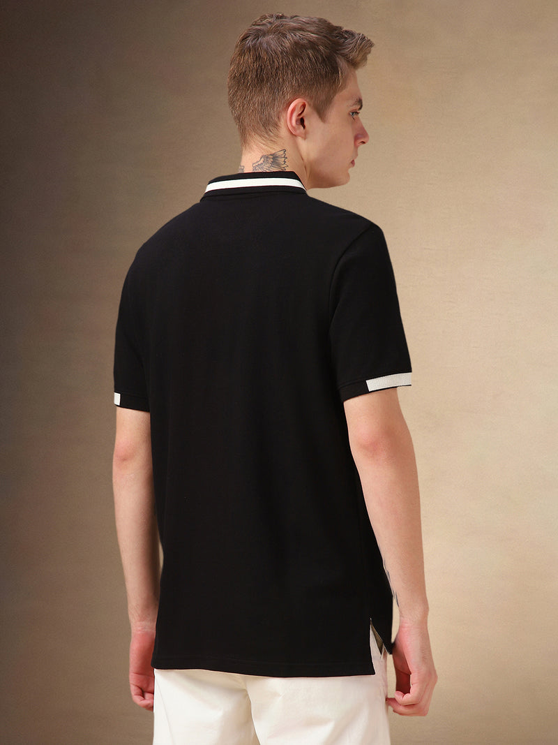 Men's Black Solid Polo Collar Half Sleeves T-shirt