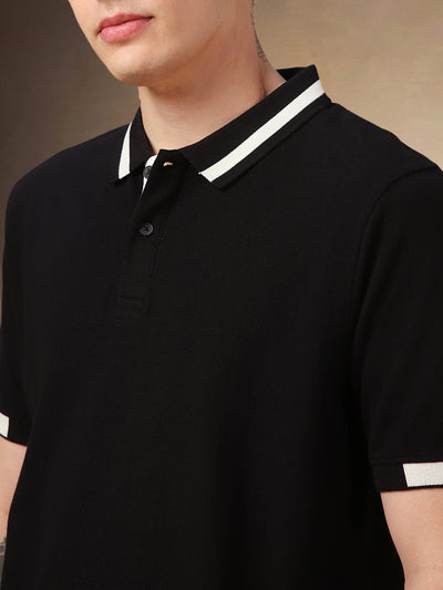 Men's Black Solid Polo Collar Half Sleeves T-shirt