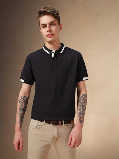 Men's Charcoal Solid Polo Collar Half Sleeves T-shirt