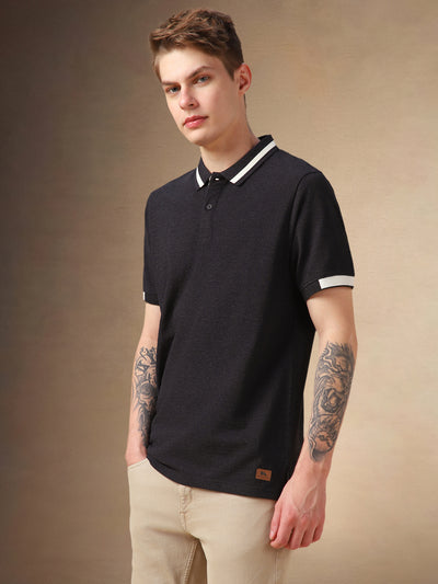 Men's Charcoal Solid Polo Collar Half Sleeves T-shirt