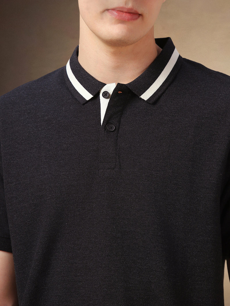 Men's Charcoal Solid Polo Collar Half Sleeves T-shirt