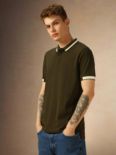 Men's Olive Solid Polo Collar Half Sleeves T-shirt