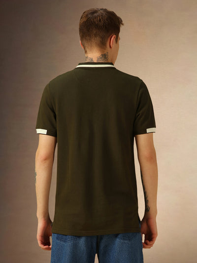 Men's Olive Solid Polo Collar Half Sleeves T-shirt