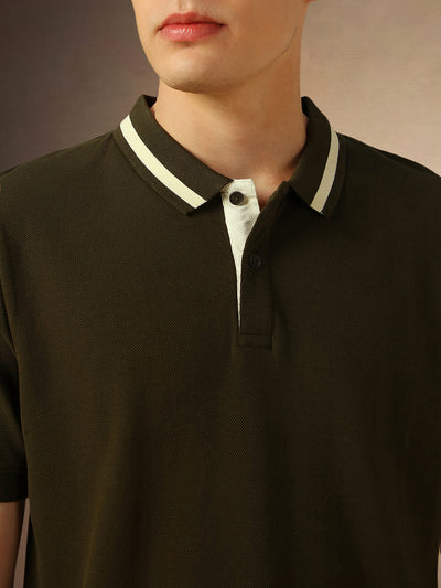 Men's Olive Solid Polo Collar Half Sleeves T-shirt