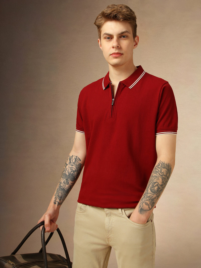 Men's Maroon Solid Polo Collar Half Sleeves T-shirt