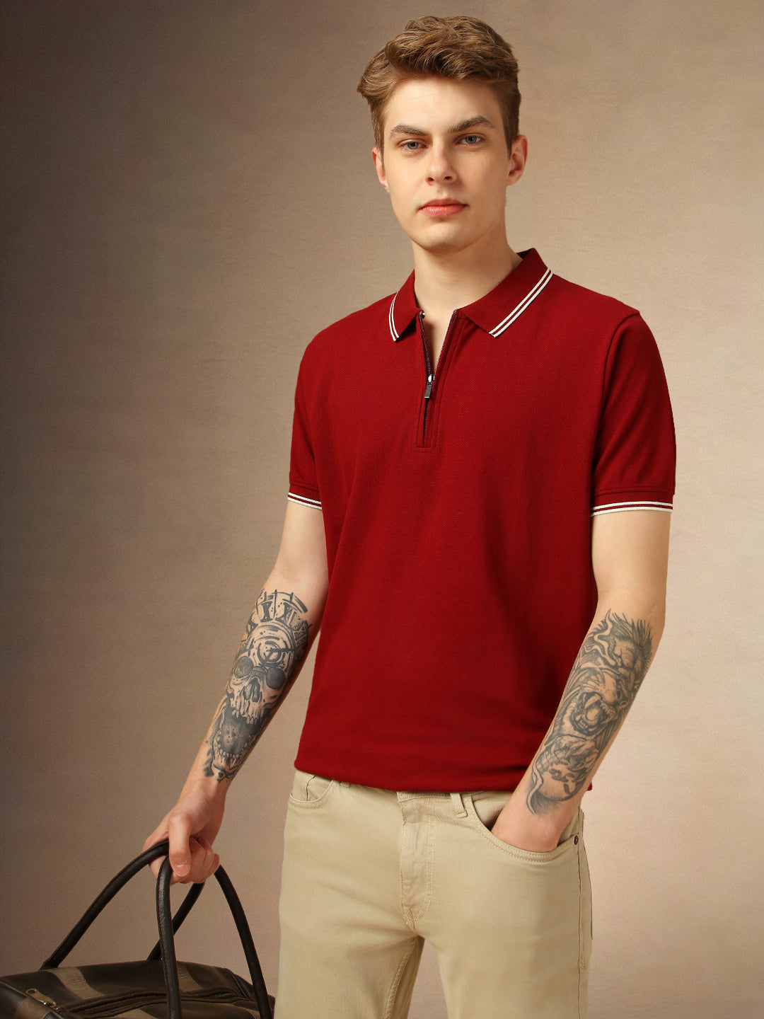 Men's Maroon Solid Polo Collar Half Sleeves T-shirt