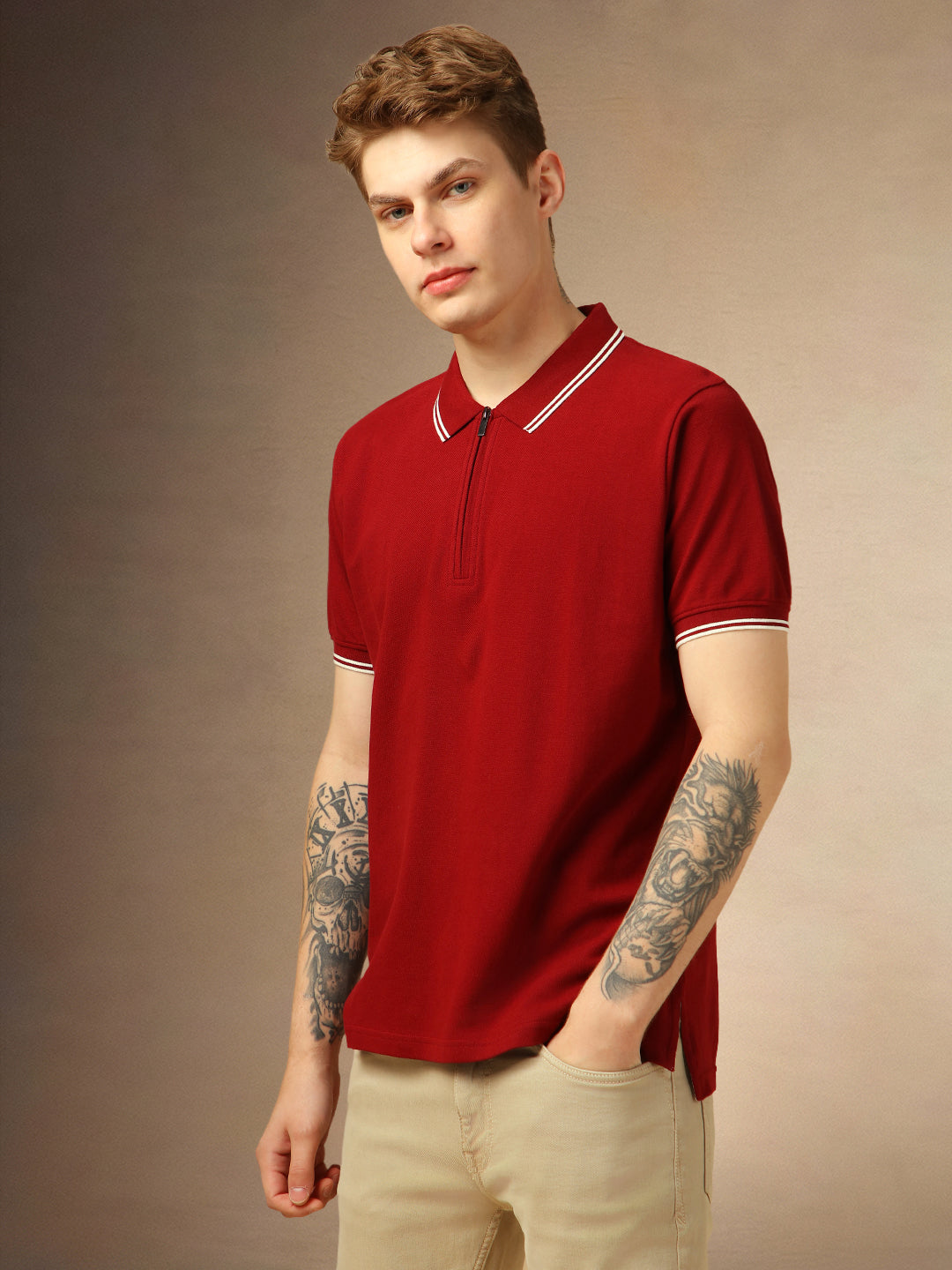 Men's Maroon Solid Polo Collar Half Sleeves T-shirt