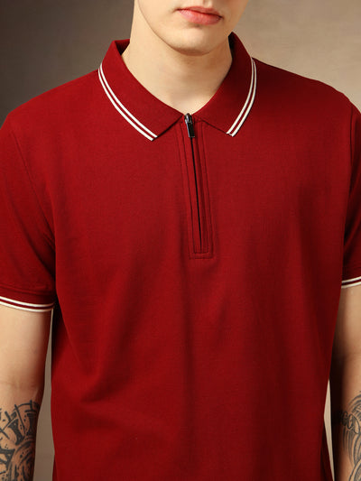 Men's Maroon Solid Polo Collar Half Sleeves T-shirt