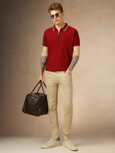 Men's Maroon Solid Polo Collar Half Sleeves T-shirt