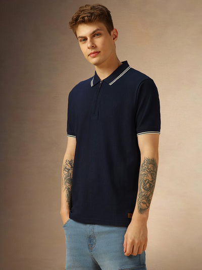 Men's Navy Blue Solid Polo Collar Half Sleeves T-shirt