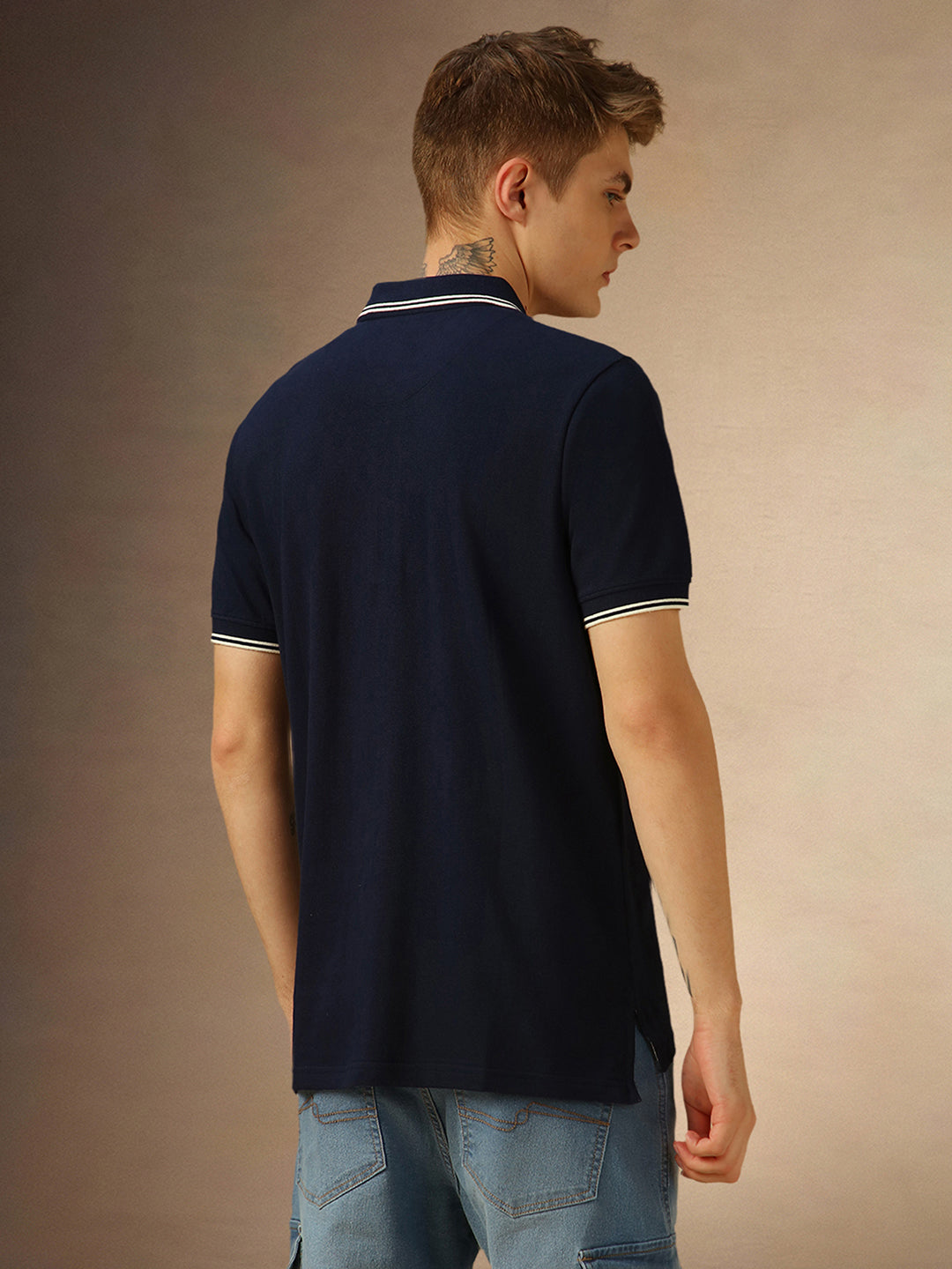 Men's Navy Blue Solid Polo Collar Half Sleeves T-shirt