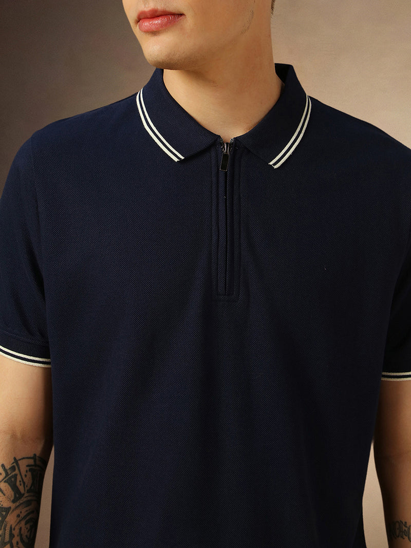 Men's Navy Blue Solid Polo Collar Half Sleeves T-shirt