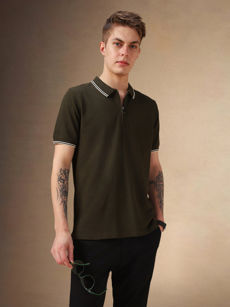 Men's Olive Solid Polo Collar Half Sleeves T-shirt