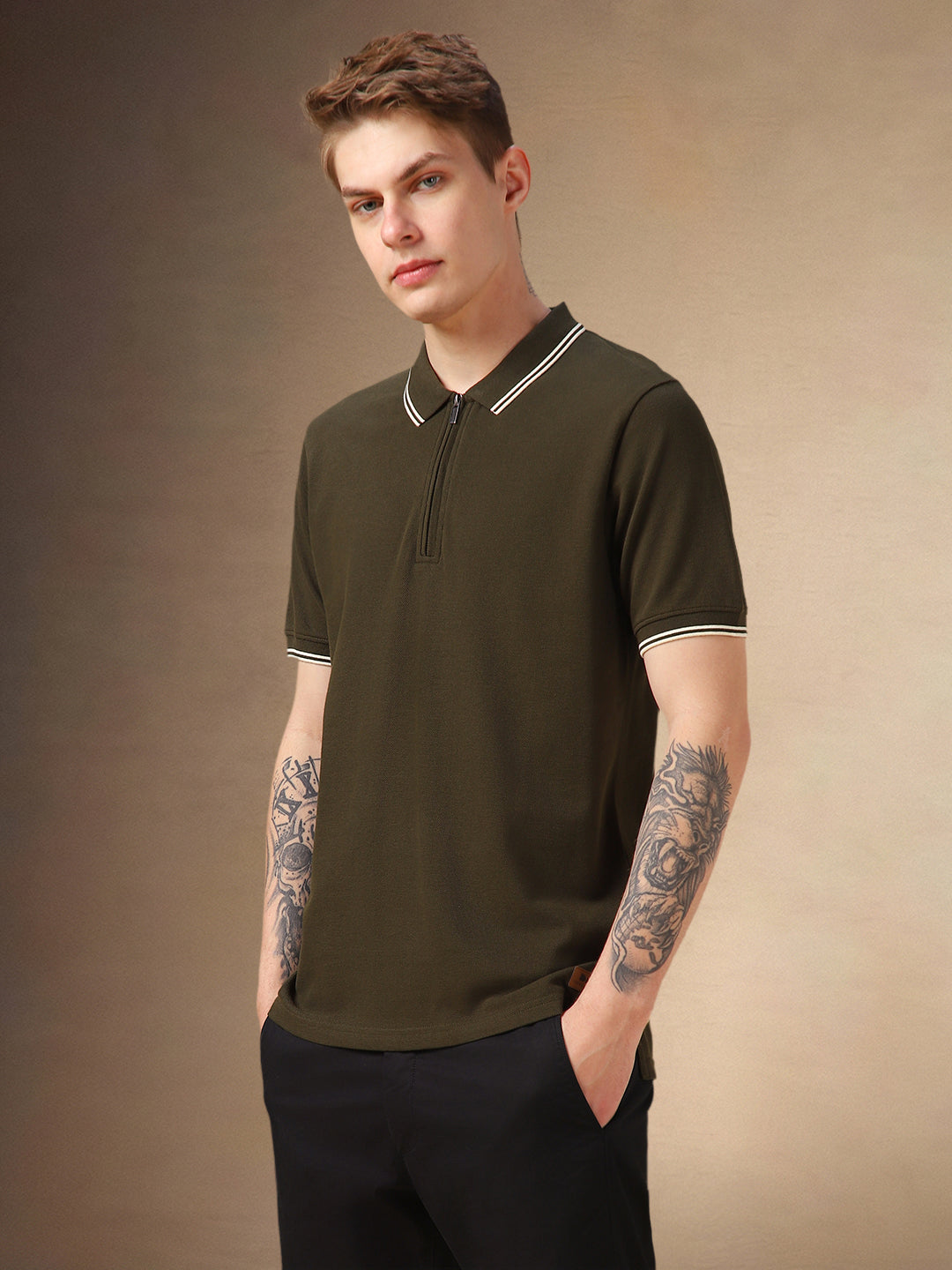 Men's Olive Solid Polo Collar Half Sleeves T-shirt