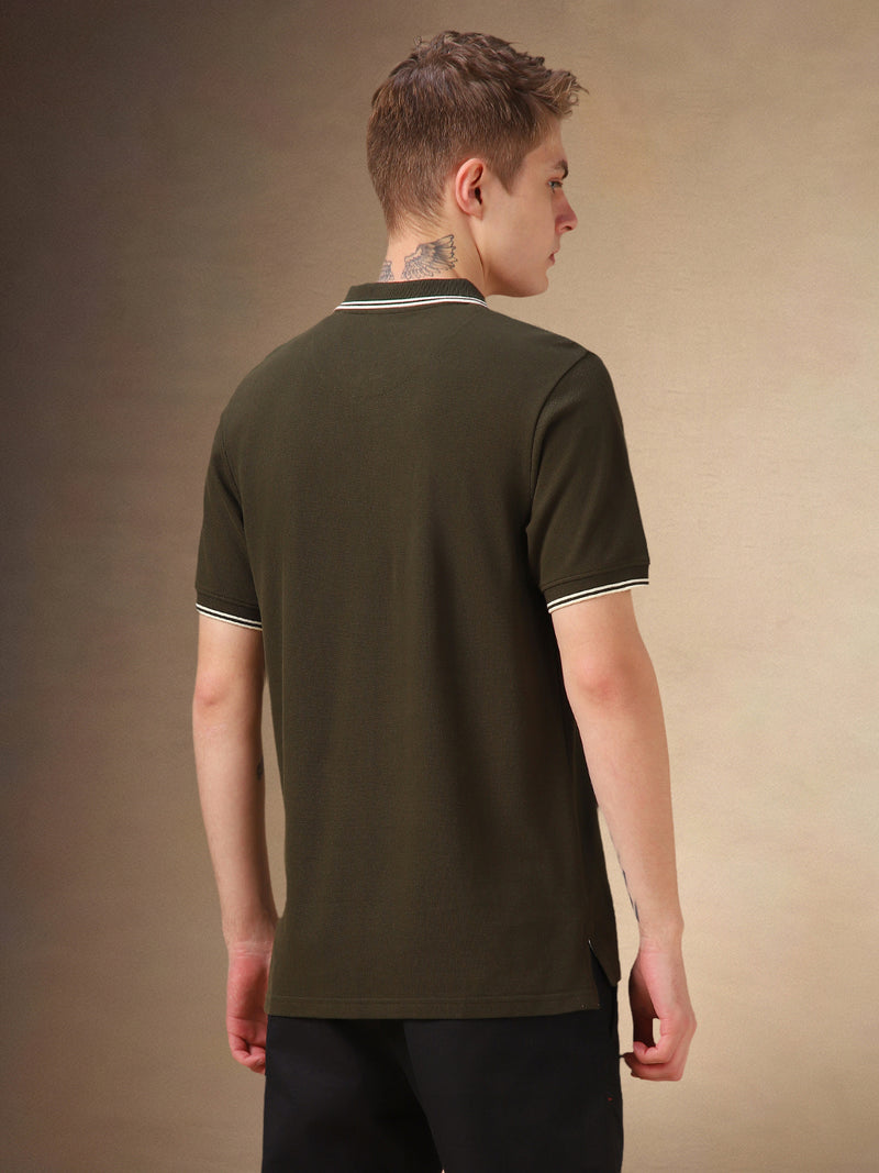 Men's Olive Solid Polo Collar Half Sleeves T-shirt