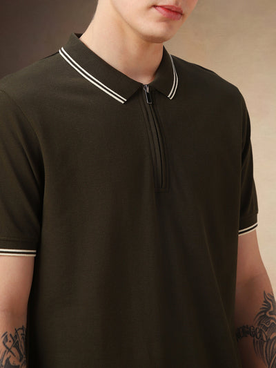 Men's Olive Solid Polo Collar Half Sleeves T-shirt