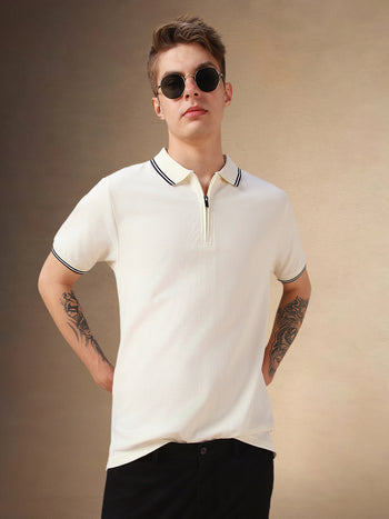 Men's White Solid Polo Collar Half Sleeves T-shirt